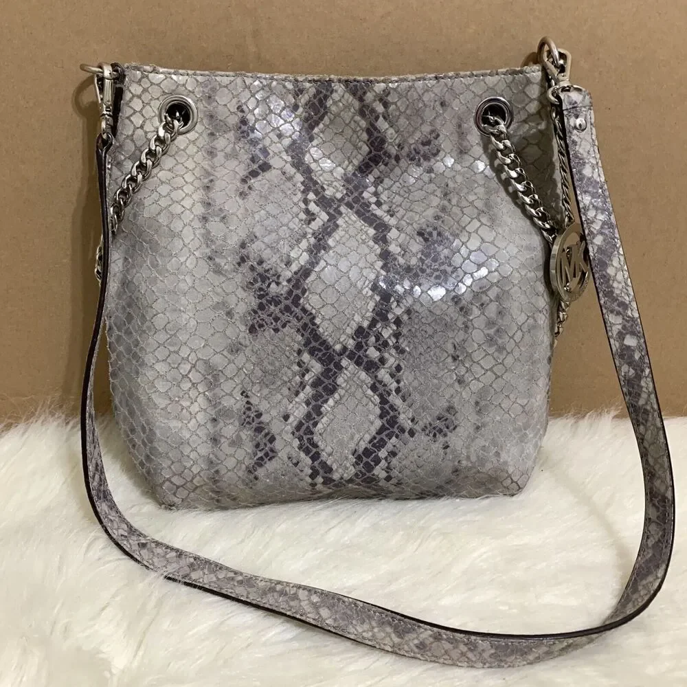 MICHAEL KORS JET SET Gray Python Leather North South Convertible Chain Hobo